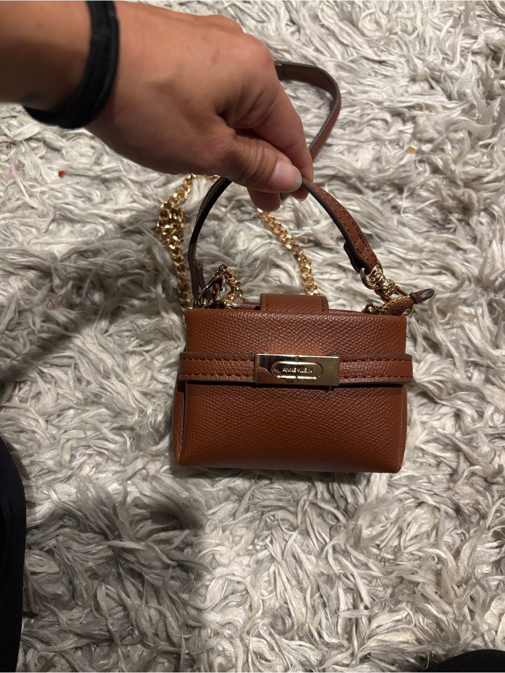 Anne Klein Sparkle Mini Crossbody Micro Top Handle Bag Cognac Brown NWOT